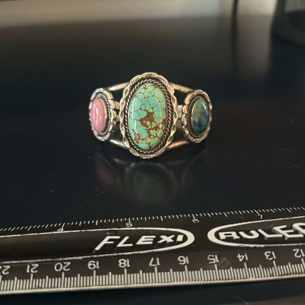 Turquoise 3 stone silver cuff bracelet